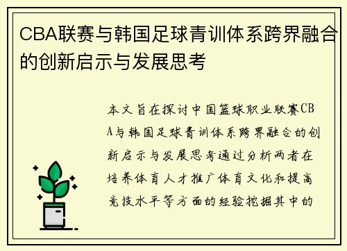 CBA联赛与韩国足球青训体系跨界融合的创新启示与发展思考